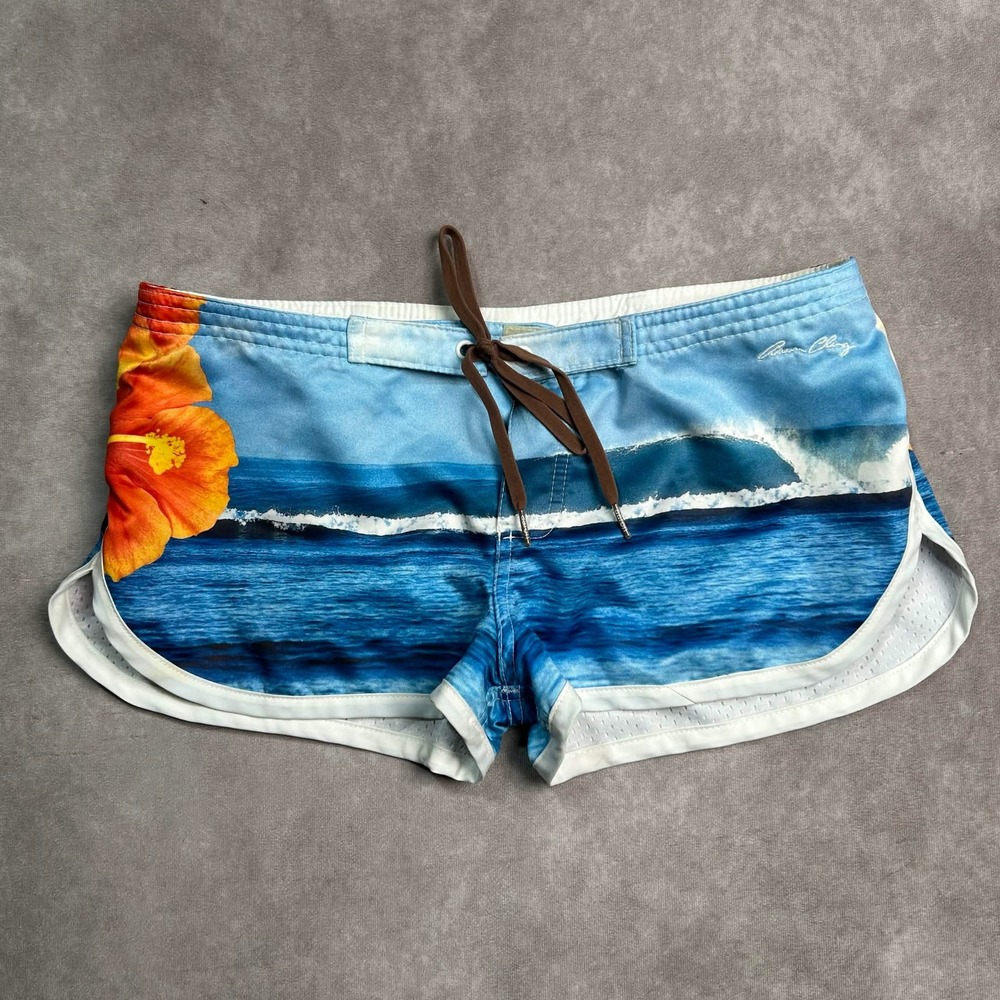 Aaron Chang Womens 2" inseam Blue Ocean Wave Hibiscus Print Board Shorts Size 5